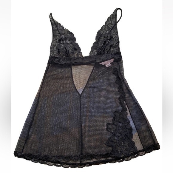 Victoria’s Secret Lingerie Chemise Slip Teddy Babydoll Black Mesh W Lace… - Picture 1 of 12